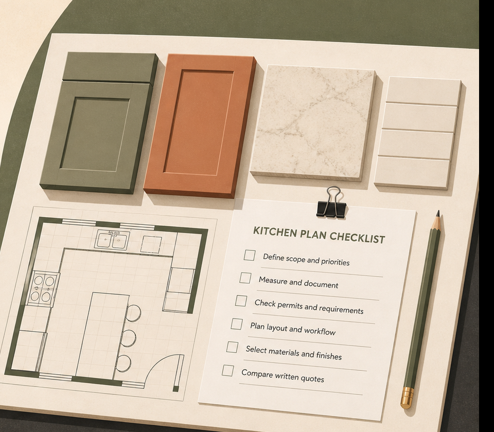 Editorial kitchen planning board with cabinet fronts, counter samples, a measured plan and scope checklist
