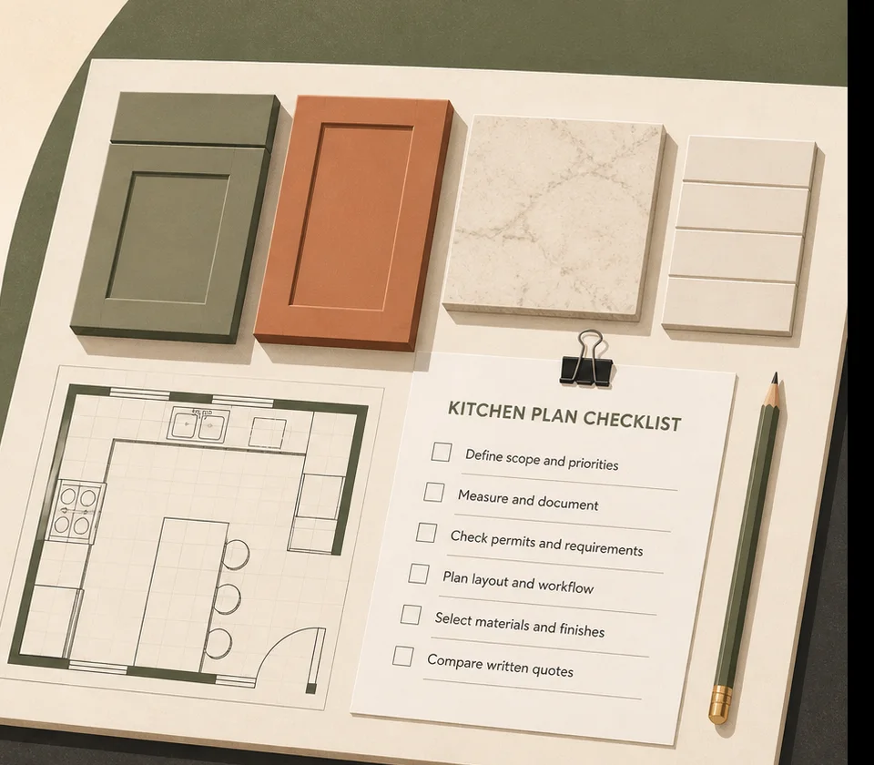 Editorial kitchen planning board with cabinet fronts, counter samples, a measured plan and scope checklist